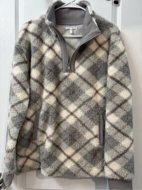 Cozy Gray Plaid Sherpa Half-Zip Pullover Sweater